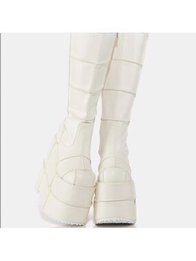 DEMONIA Cream Quilted Platform Knee-High Boots